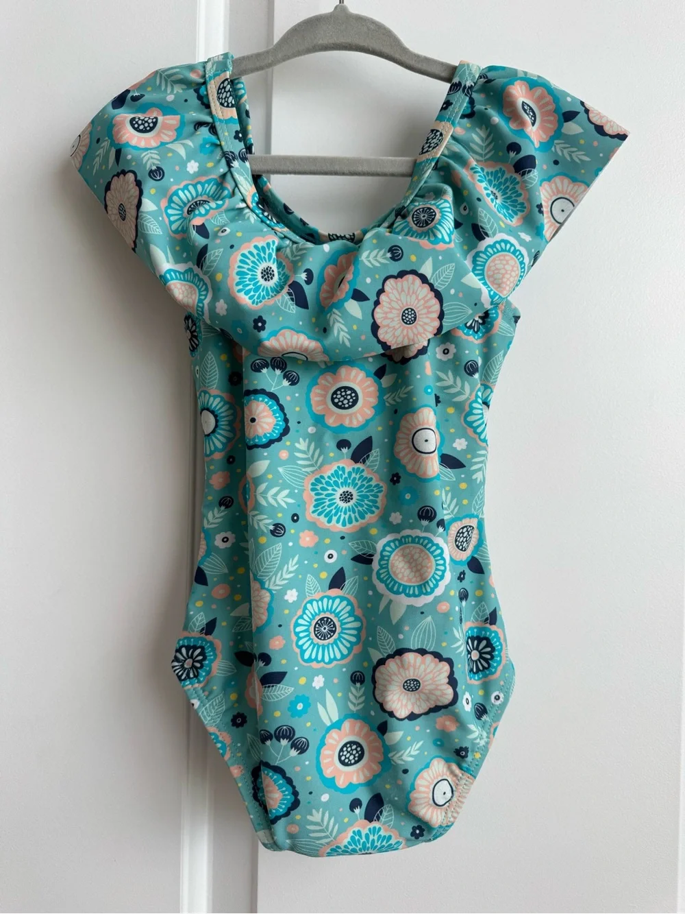 RuffleButts 2T Teal Retro Floral Flutter One-Piece Swimsuit UPF 50+